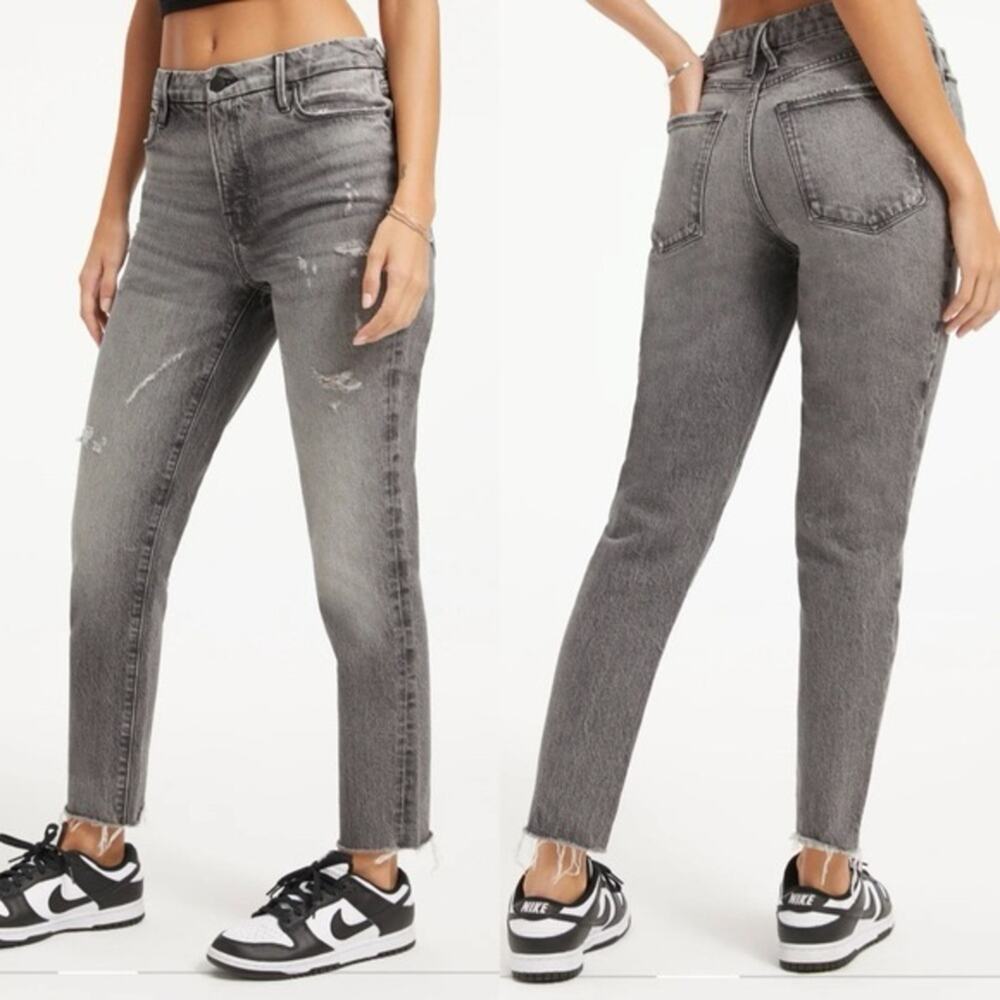 Good American The Weekender Gray Wash High Rise Slim Straight Fray Raw Hem Jeans